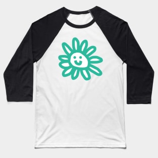 Cyan Daisy Flower Smiley Face Graphic Baseball T-Shirt